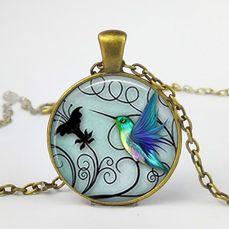 Hummingbird Bird Picture Dome Cabochon Glass Pendant Necklace