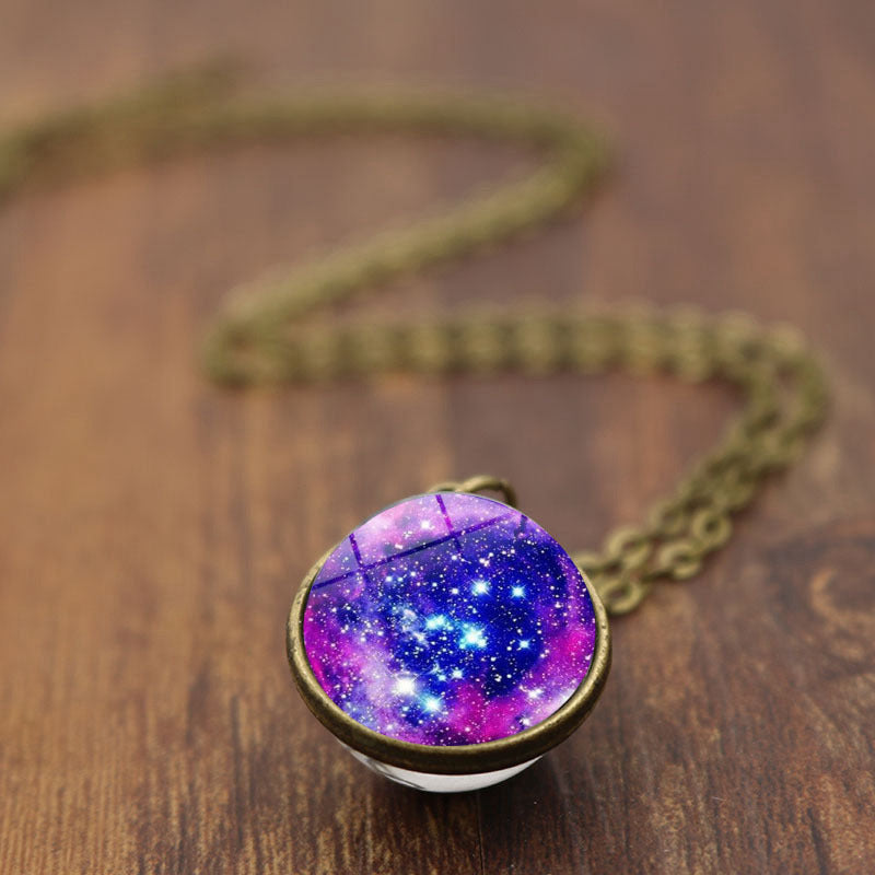 Glass ball galaxy nebula time gemstone necklace