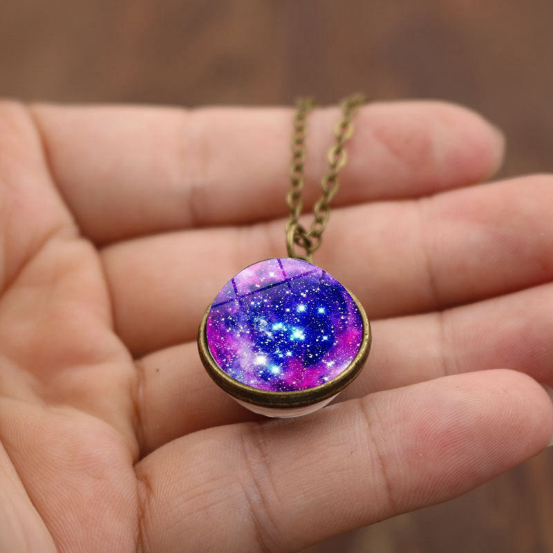 Glass ball galaxy nebula time gemstone necklace