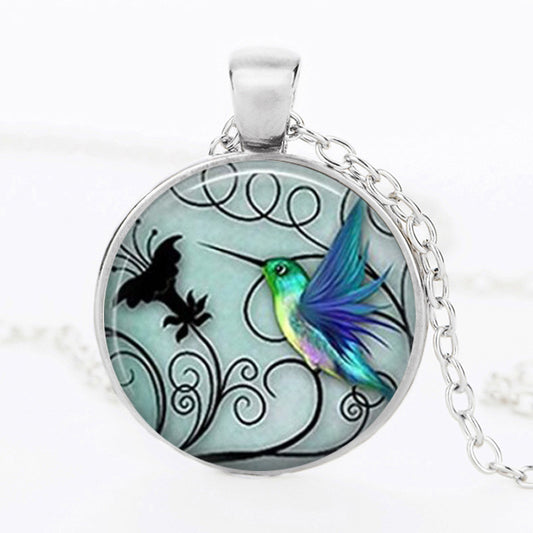 Hummingbird Bird Picture Dome Cabochon Glass Pendant Necklace