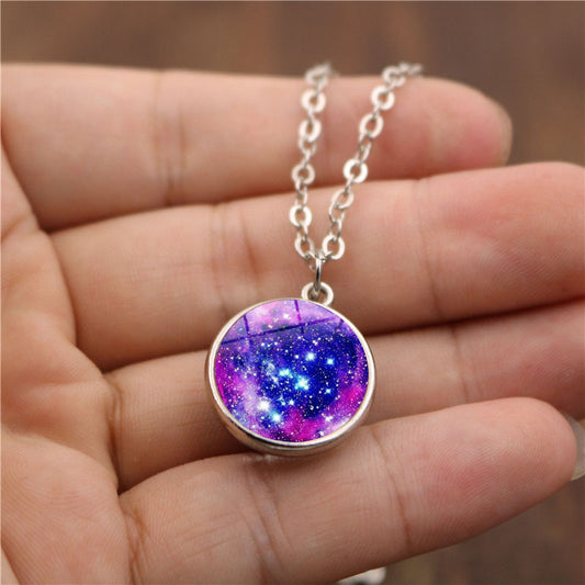 Glass ball galaxy nebula time gemstone necklace